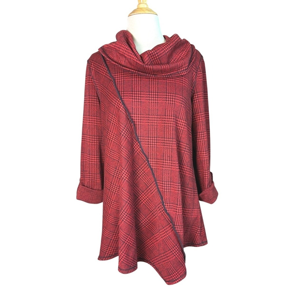 ALI MILES Medium Red Black Cowl Neck Lagenlook Roll Tab 3/4 Sleeves Tunic Top